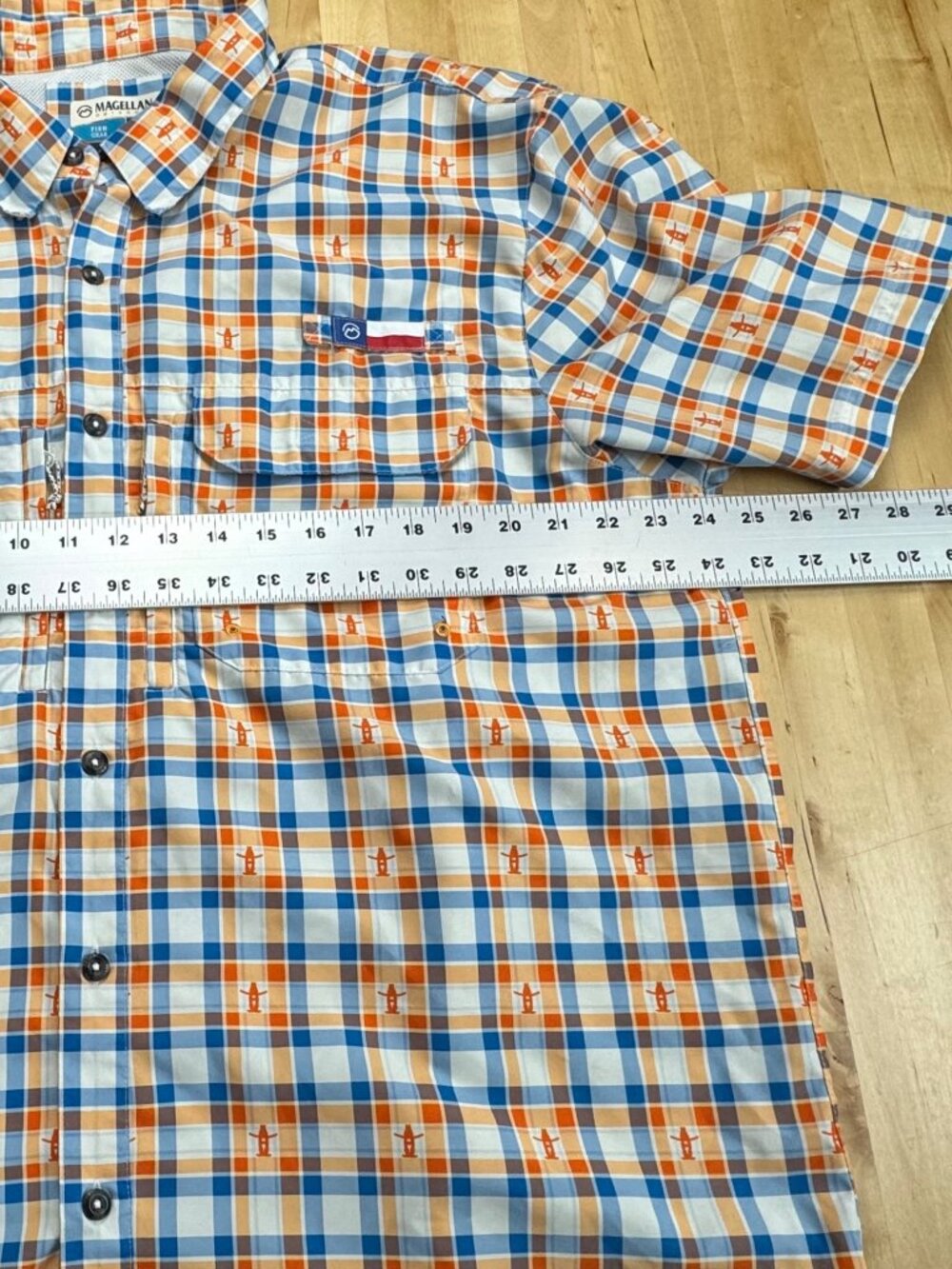 Magellan Outdoors Vented Fishing Shirt Houston Rodeo Orange Blue Plaid XL - Picture 6 of 15